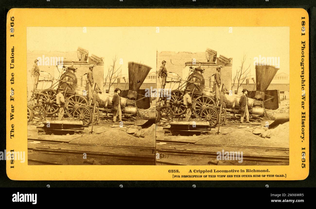 Eine verkrüppelte Lokomotive in Richmond. Taylor & Huntington (Herausgeber). Robert N. Dennis-Sammlung stereoskopischer Ansichten US-Subjektserie. Stockfoto