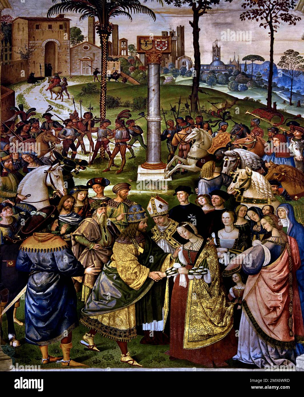 Enea Silvio Piccolomini präsentiert Frederick III der Eleonora von Portugal 1502-08 von Pinturicchio 1454 - 1513 Fresco, Piccolomini Bibliothek, Metropolitanische Kathedrale der Heiligen Maria der Himmelfahrt - Duomo di Siena, 1215. Und 1348., 13. Jahrhundert, Toskana, Italien, Italienisch, Gotik, Romanik, Klassik. Stockfoto