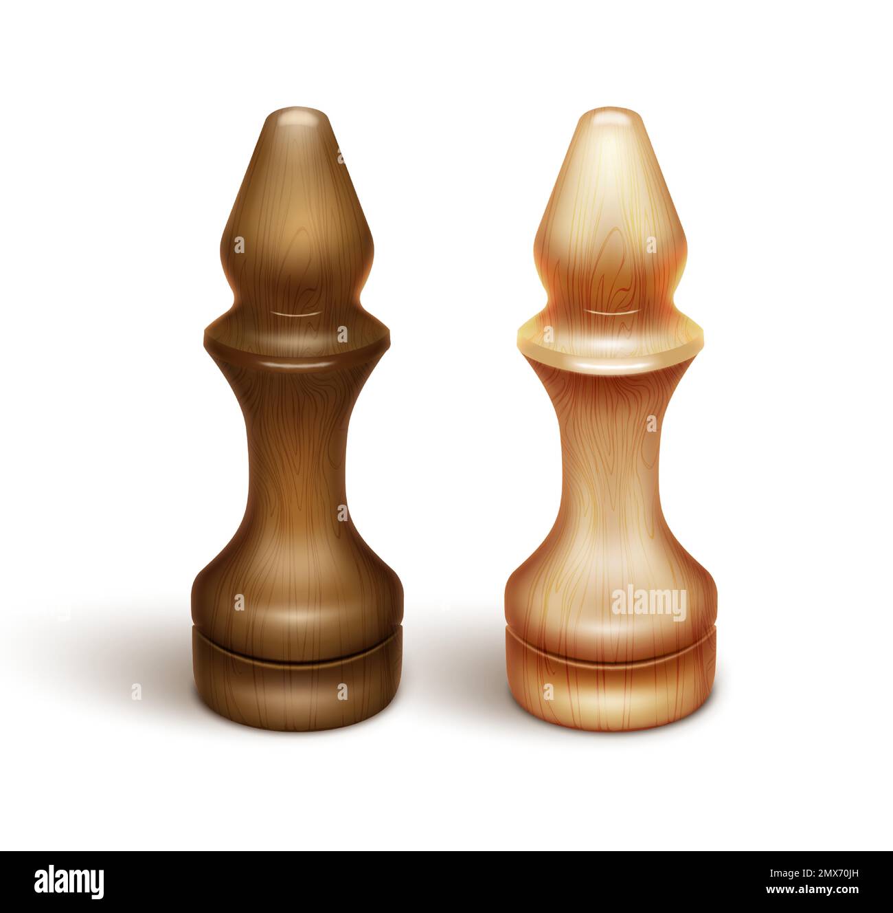 Zwei Schachfiguren - Bischöfe. Aus lackiertem Holz. Realistische 3D-Darstellung. Isoliert auf weißem Hintergrund. Vektor Stock Vektor