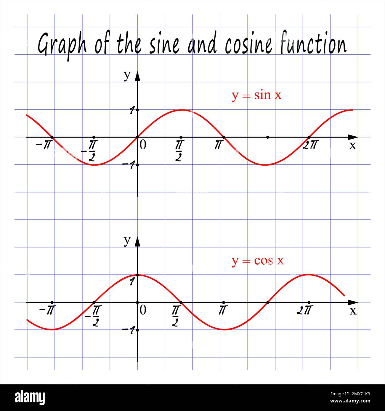Diagramm der Sinus- und Kosinusfunktion. Vektordarstellung Stock Vektor