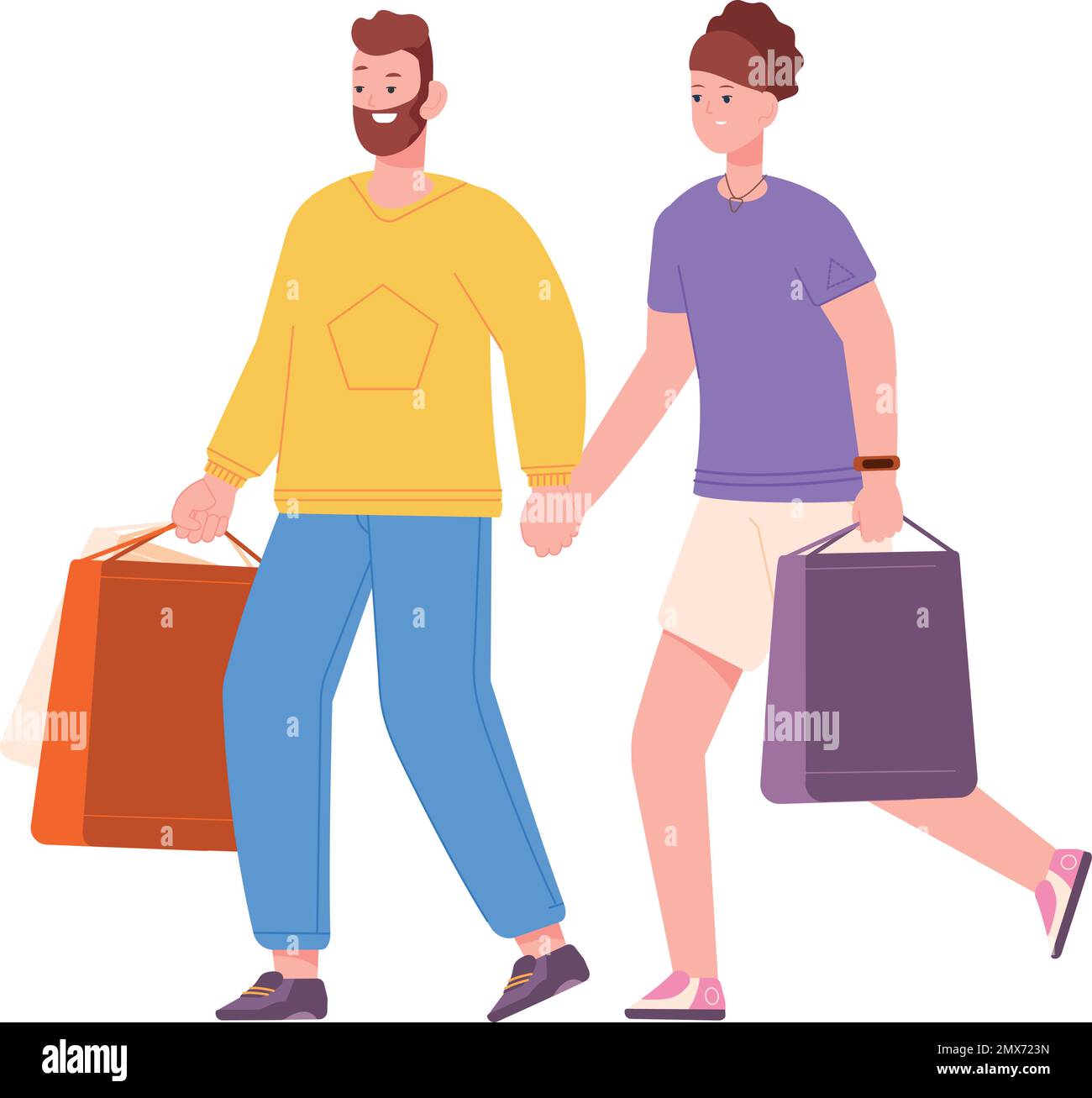 Ein Paar kauft zusammen ein. Zufriedene Kunden mit isolierten Einkaufspaketen auf weißem Hintergrund Stock Vektor