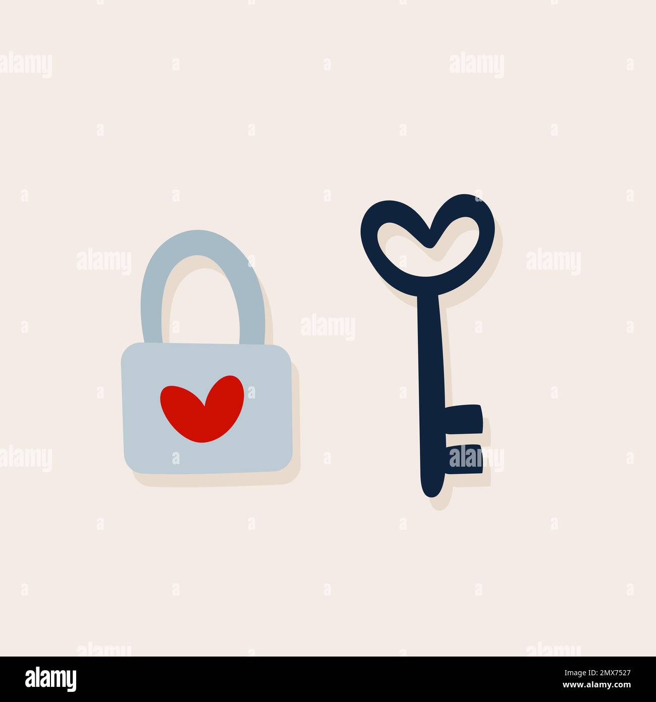 Alles Liebe zum Valentinstag. Schlüssel und geschlossenes Vorhängeschloss. Handgezeichnetes Doodle. Vektordarstellung, flaches Design Stock Vektor