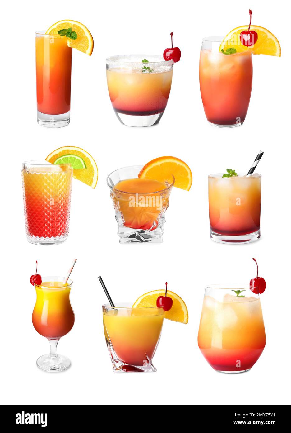 Tequila Sunrise Cocktails auf weißem Hintergrund Stockfoto