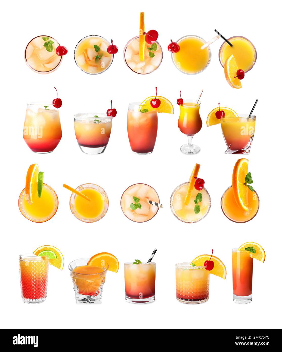 Tequila Sunrise Cocktails auf weißem Hintergrund Stockfoto