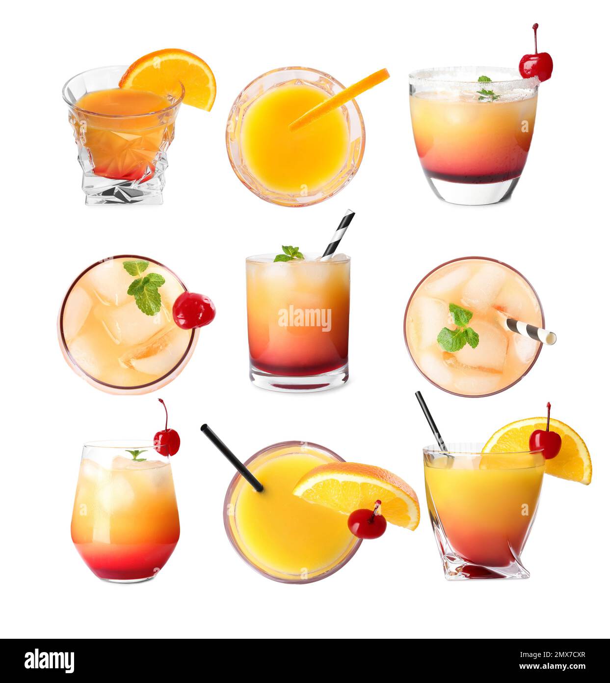 Tequila Sunrise Cocktails auf weißem Hintergrund Stockfoto