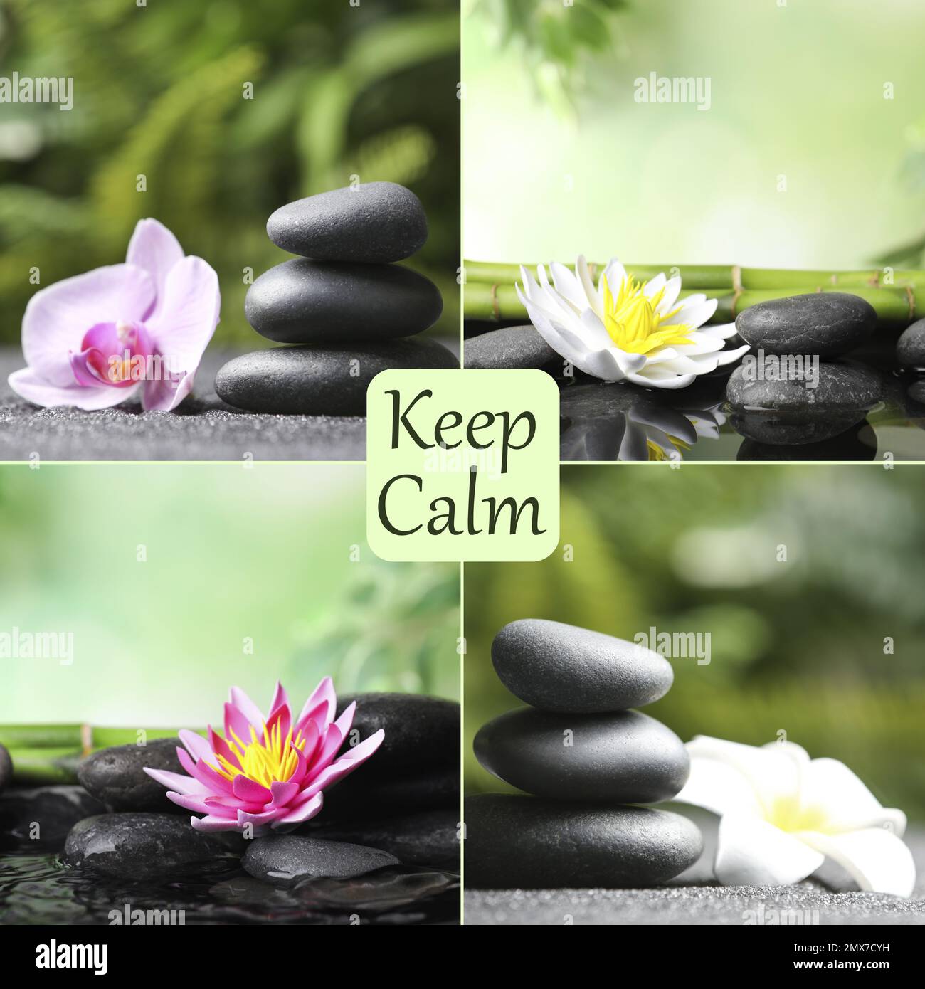 Collage mit wunderschönen Fotos von Steinen. Zen und Harmonie Stockfoto