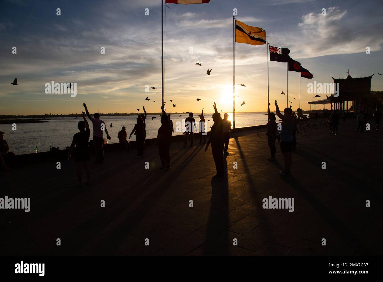 Kambodscha Phnom Penh Silhouetten von Menschen, die Aerobic-Übungen vor Flaggen machen ( Straßenfotografie ) - Kambodscha Stockfoto
