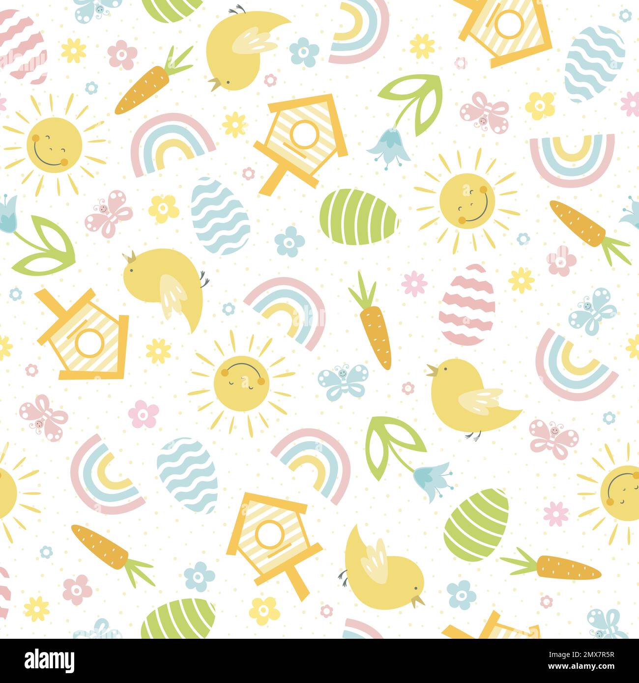 Ostern Nahtloses Muster mit Vogel, Blumen, Feiertagseiern. Perfekt für Tapeten, Geschenkpapier, Webseiten-Hintergrund und Ostergrußkarten Stock Vektor