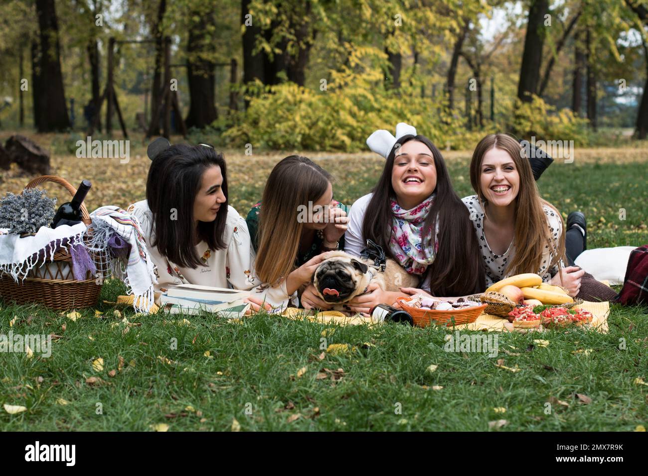 Eine Gruppe von vier jungen Frauen im Park auf einem lustigen Picknick, mit einem süßen Hund. Stockfoto