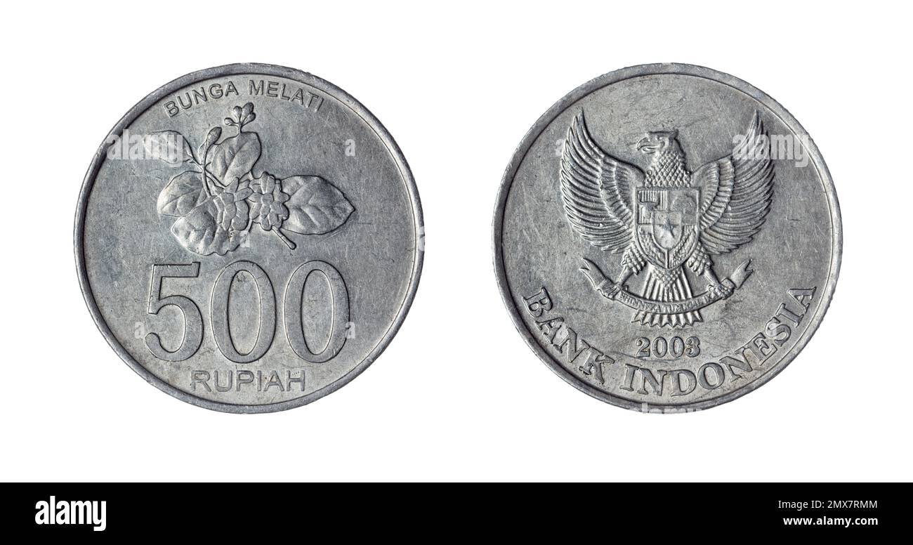 Auf beiden Seiten der indonesischen Rupiahs-Münze von 500 (2003) mit dem indonesischen Nationallogo Garuda Pancasila auf der anderen Seite. Stockfoto