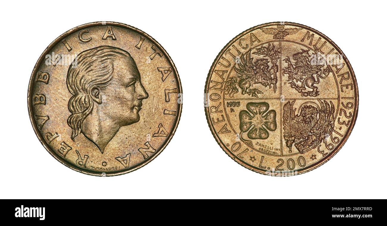 Beide Seiten der 200 italienischen Lire-Münze (1993) anlässlich des 70. Jahrestags der italienischen Militärluftfahrt. Stockfoto
