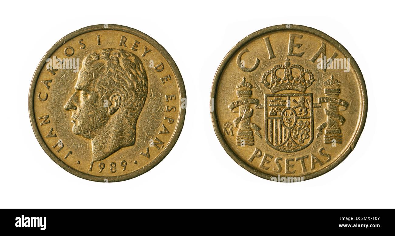 Beide Seiten der 100 spanischen Pesetas-Münze (1989) mit einem Porträt des spanischen Königs Juan Carlos I. auf der Vorderseite. Stockfoto