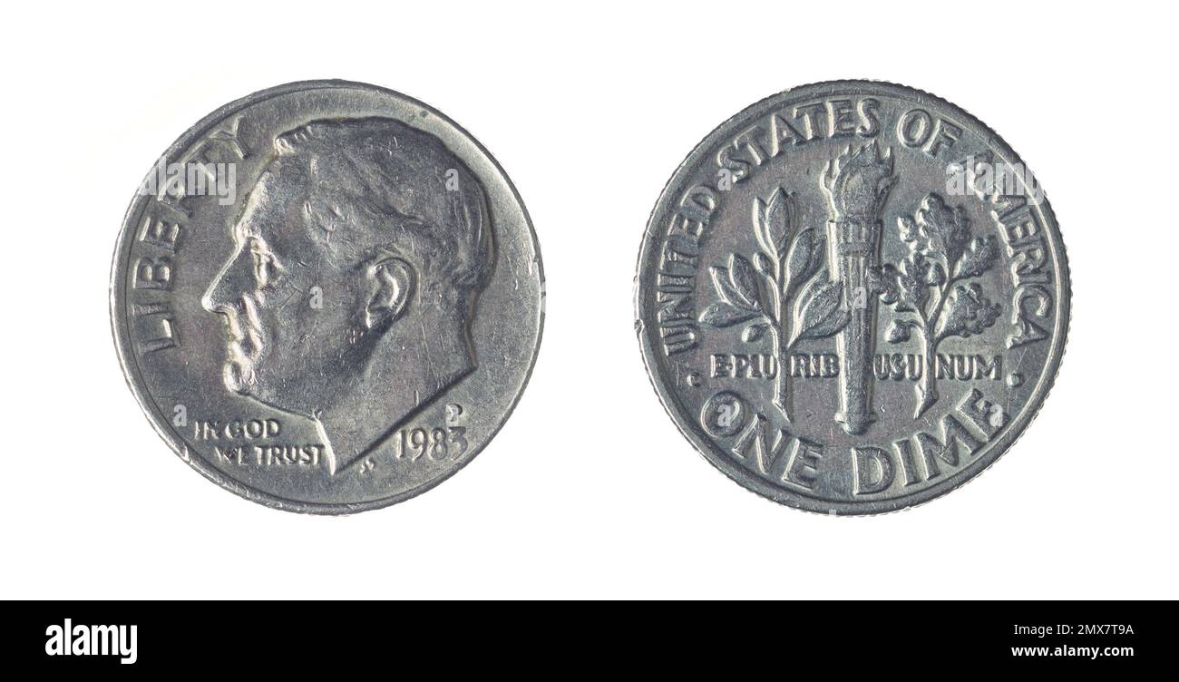 Beide Seiten der 1 US-Dime-Münze (10 Cent) (1983) mit Porträt von Franklin D. Roosevelt, dem 32. Präsidenten der Vereinigten Staaten, auf der anderen Seite. Stockfoto