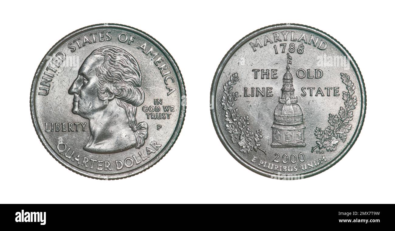 Beide Seiten der 1/4-Dollar-Münze (2000) mit Porträt von George Washington, dem 1. Präsidenten der USA und der Kuppel des Maryland Statehouse. Stockfoto