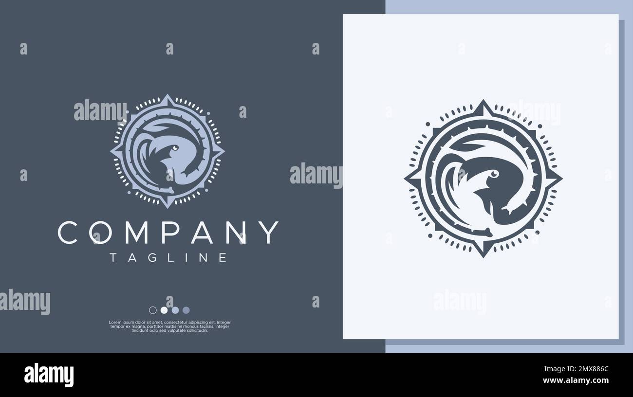 Designvorlage für Elephant Compass Logo. Adventure Alephant Logo-Vektor. Stock Vektor