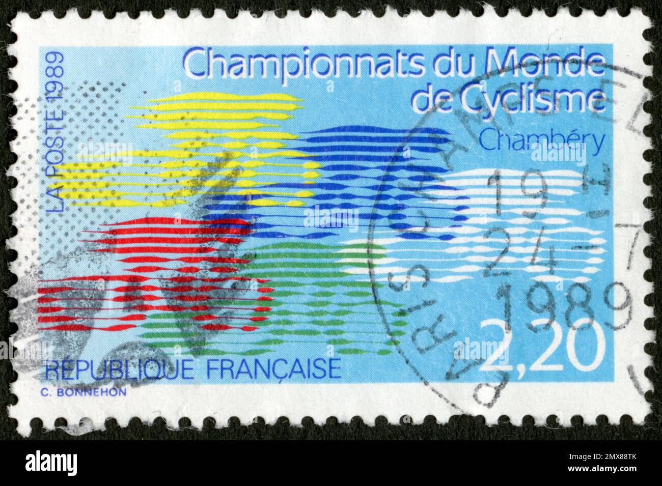 TIMBRE OBLITERES CHAMPIONNATS DU MONDE DE DE CYCLISME. CHAMBÉRY. RÉPUBLIQUE FRANCAISE. LA POSTE 1989. 2,20 Stockfoto