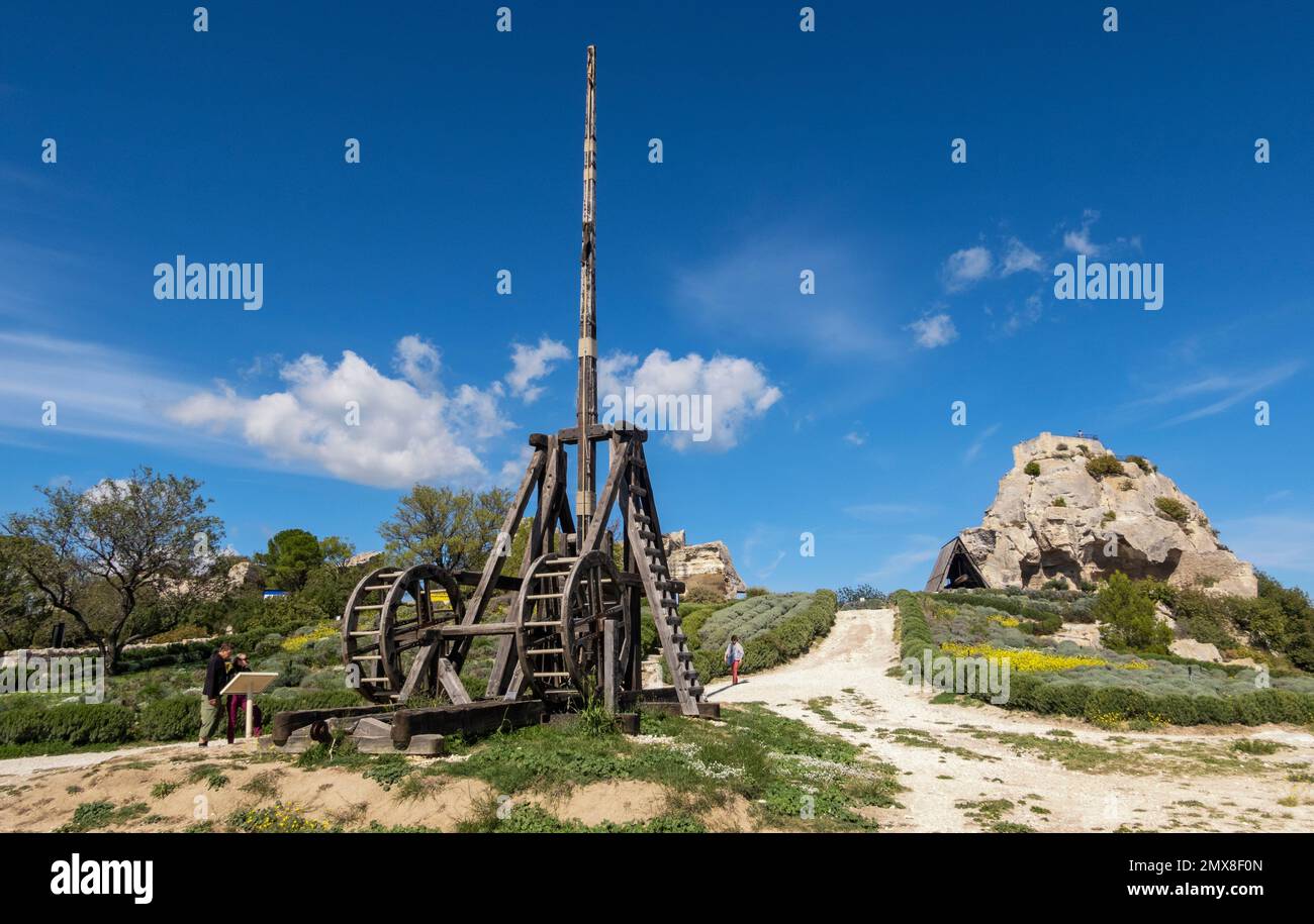 Frankreich, Les Baux--de-Provence, Trebuchet, Katapult Stockfoto