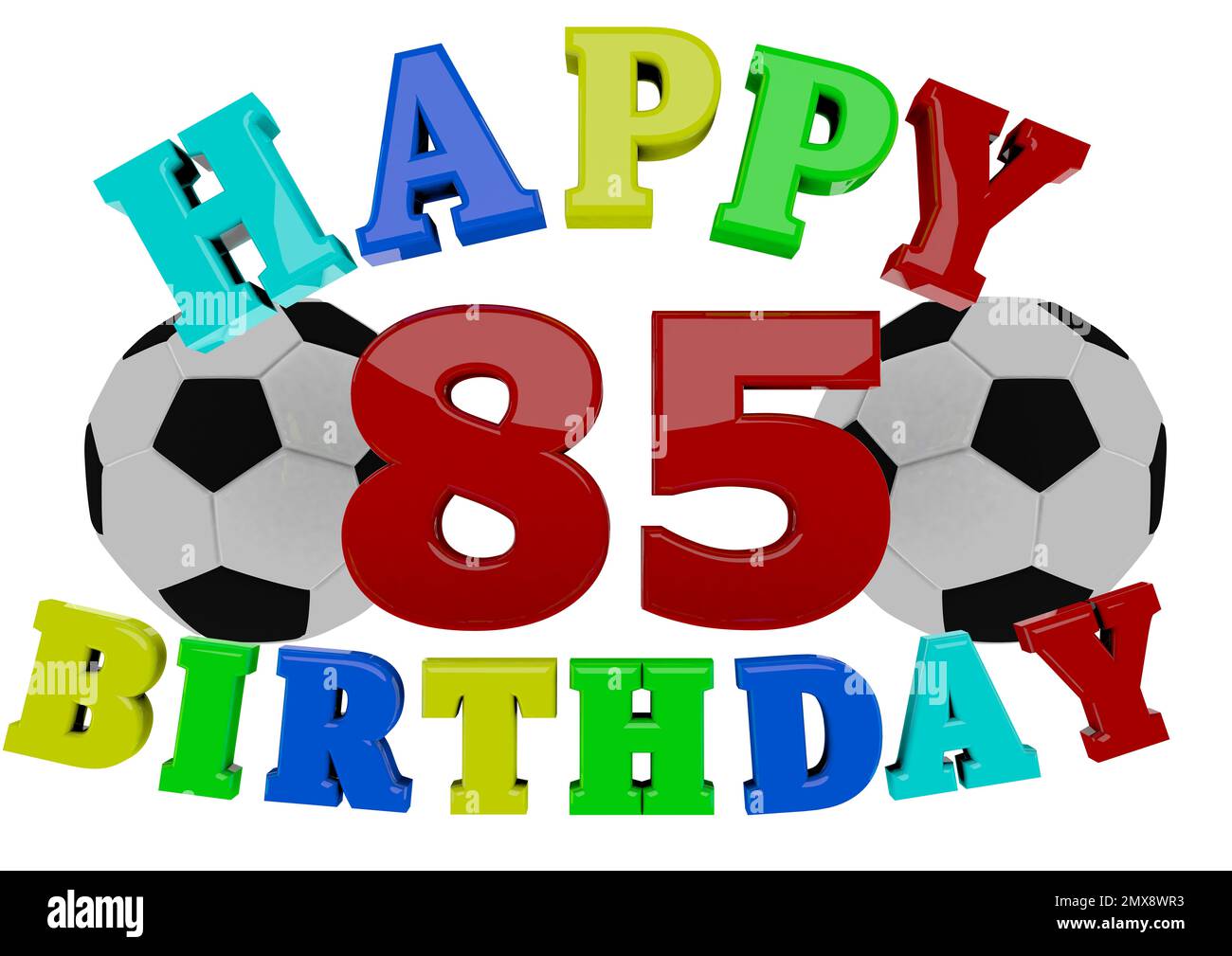 Ein 3D-Rendering mit Schriftzug Happy Birthday, zwei Fußbälle und eine große rote Zahl Stockfoto Ein 3D-Rendering mit Schriftzug Happy Birthday, zwei Fußbälle und eine große rote Zahl Stockfoto
