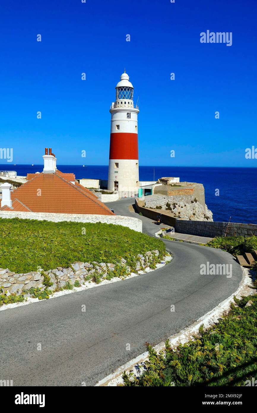 Europa Point Lighthouse Gibraltar ist ein britisches Überseegebiet und eine Stadt an der Südspitze der Iberischen Halbinsel Stockfoto