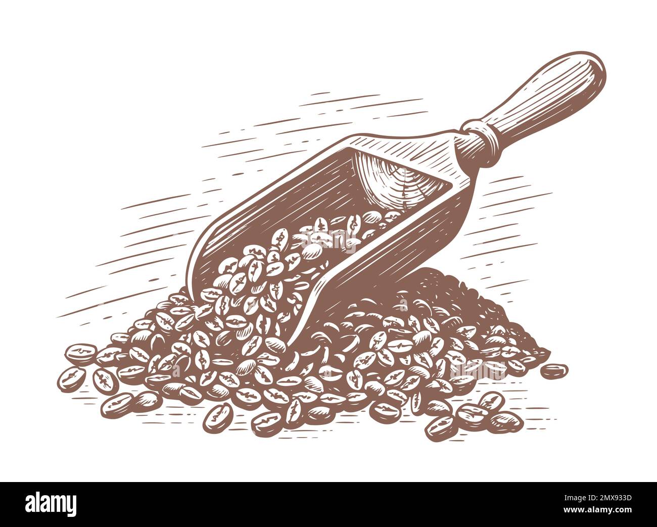 Körner gerösteten Kaffees mit einem Holzspachtel. Handgezeichnete Skizze Vintage-Vektordarstellung Stock Vektor