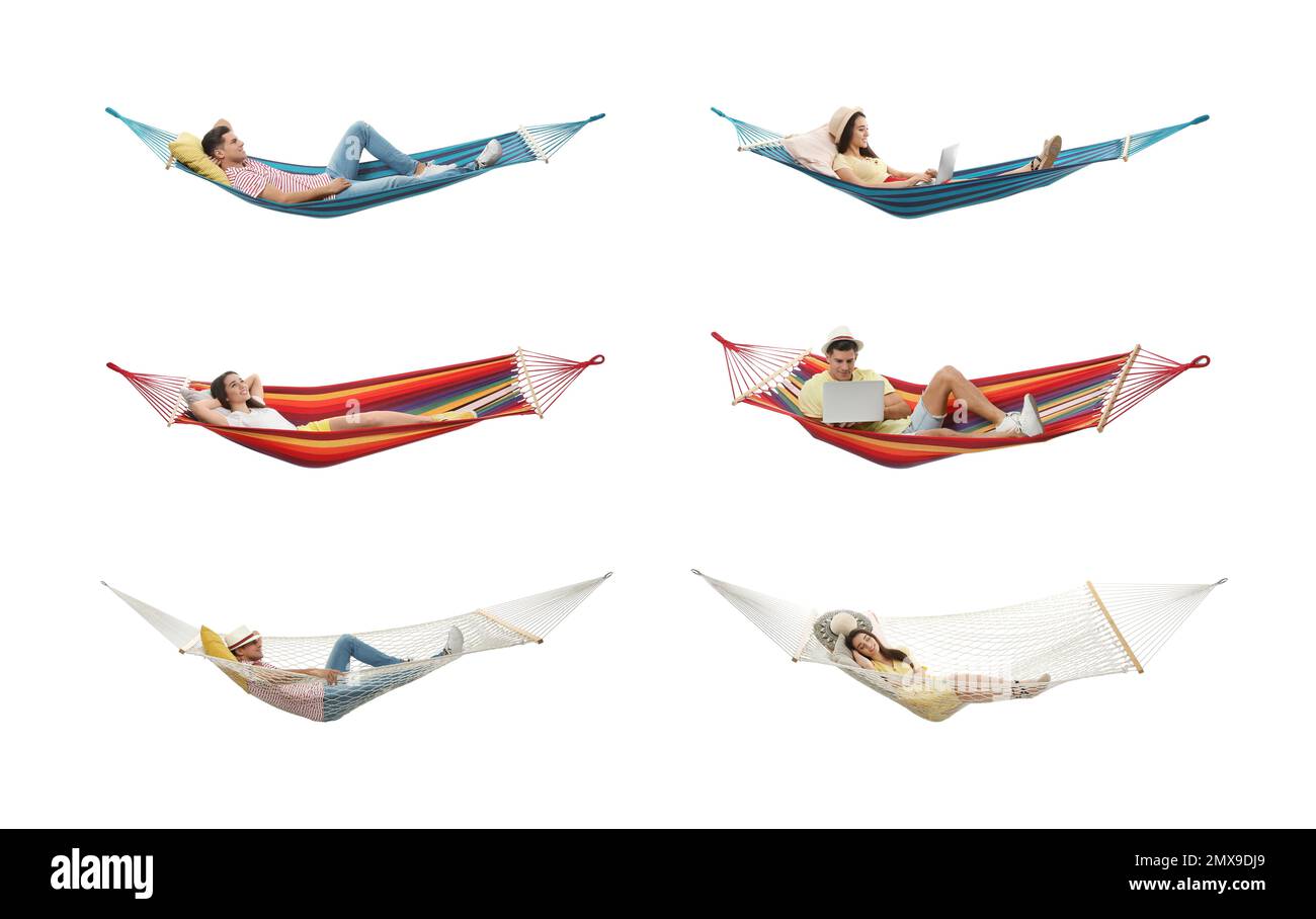 Collage mit Menschen, die in verschiedenen Hängematten auf weißem Hintergrund ruhen Stockfoto