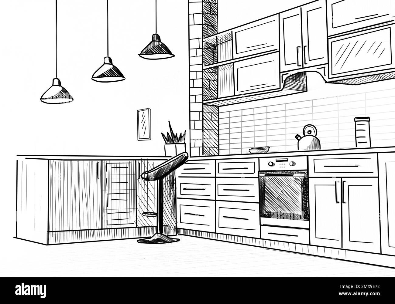 Stilvolle Kücheneinrichtung im Apartment. Illustriertes Innendesign Stockfoto