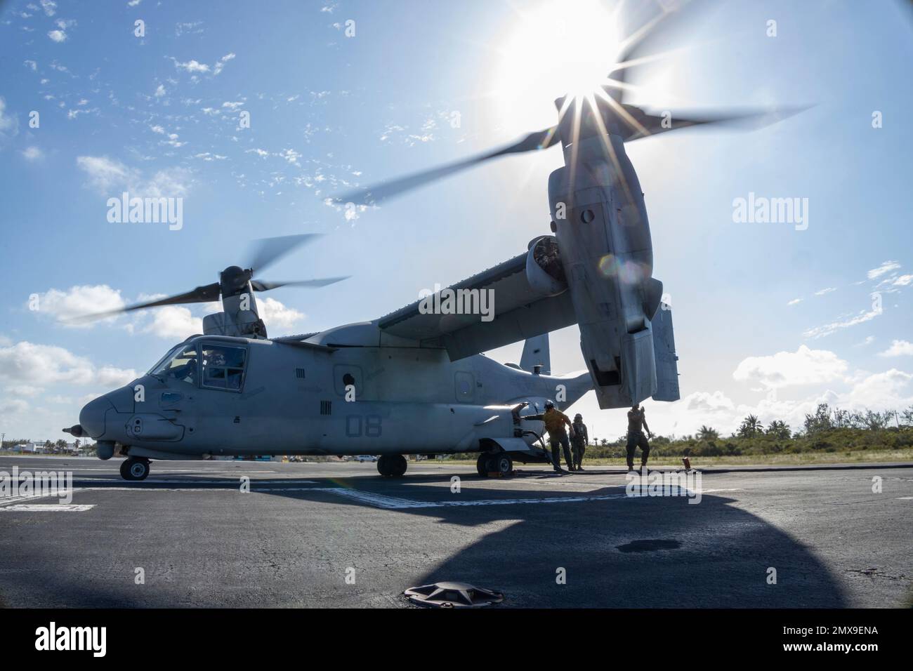 USA Marines mit 3. Marine Aircraft Wing (MAW) betanken einen MV-22B Osprey während einer von der Luftfahrt gelieferten Bodenbetankungsübung im Atlantic Undersea Test and Evaluation Center, North Andros, Bahamas, 28. Januar 2023. Diese Übung zeigt die Fähigkeit des 3. MAW, das Betanken am Boden schnell und effizient durchzuführen, unabhängig vom Standort. Die MV-22B Ospreys verfügen über die Kapazität, die Ausrüstung und Materialien zu transportieren, um vordere Bewaffnungs- und Tankstellen in vorwärts ausgesetzten Umgebungen einzurichten, und unterstützen damit die Fähigkeiten der Marine Air-Ground Task Force für fortgeschrittene Basisoperationen. (USA Marine Stockfoto