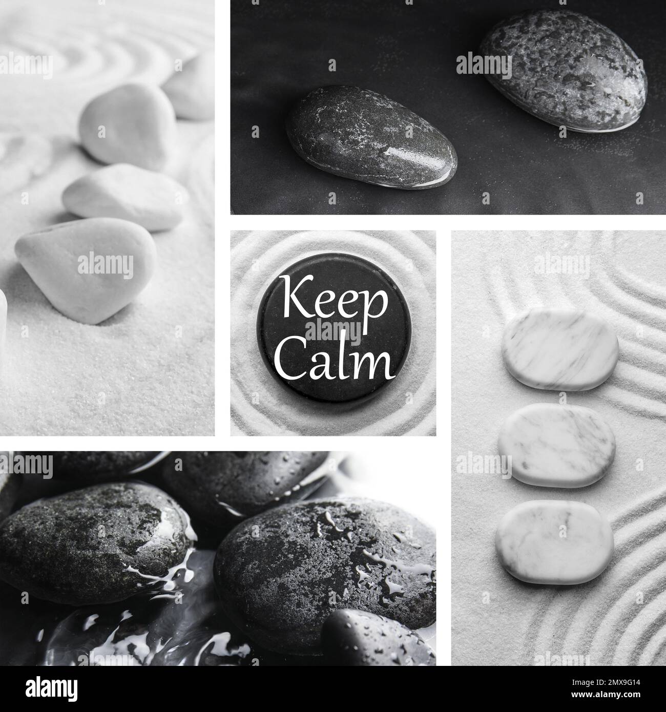 Collage mit wunderschönen Fotos von Steinen. Zen und Harmonie Stockfoto