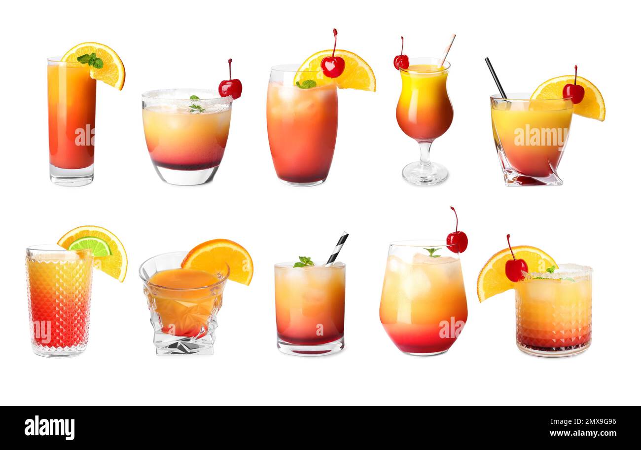 Tequila Sunrise Cocktails auf weißem Hintergrund Stockfoto