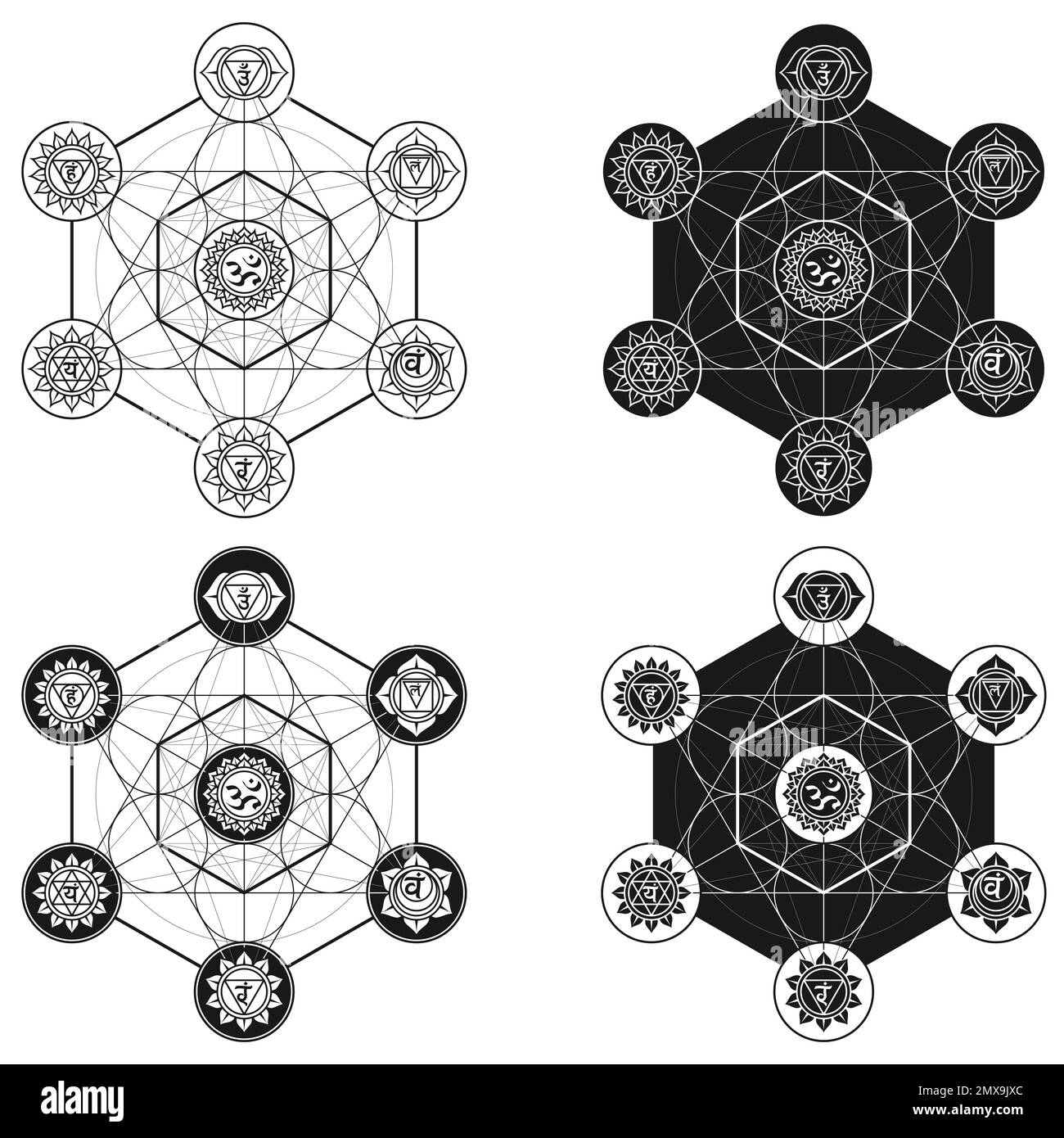 Vektor-Design von metatron Symbol, heilige Geometrie, geometrische Figur von metatron mit Chakra-Symbolen Stock Vektor