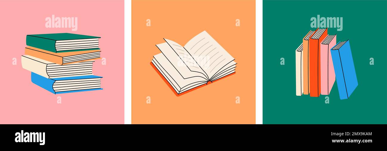 Farbige Poster mit handgezeichneten geschlossenen und offenen Büchern. Buchladen, Bibliothek, Buchladen Illustration. Bücher isoliert auf farbigem Hintergrund. Stock Vektor