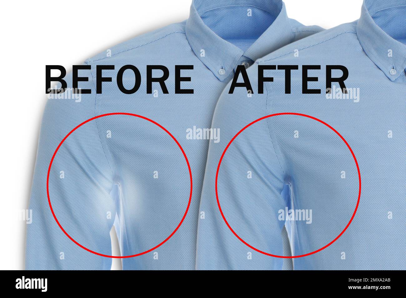 Blaue Hemden vor und nach der Anwendung von Deodorant auf weißem Hintergrund Stockfoto