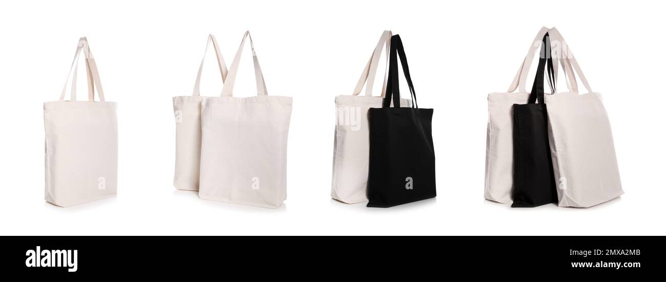 Set mit Eco Bags auf weißem Hintergrund. Bannerdesign Stockfoto