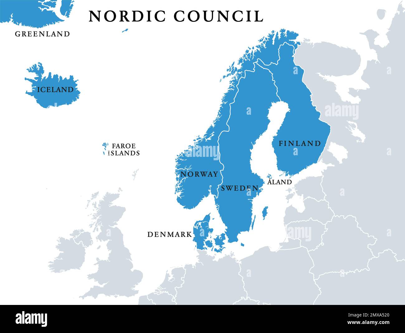Mitglieder des Nordischen Rates, politische Karte. Zusammenarbeit zwischen Dänemark, Finnland, Island, Norwegen und Schweden, Grönland, Aland. Stockfoto