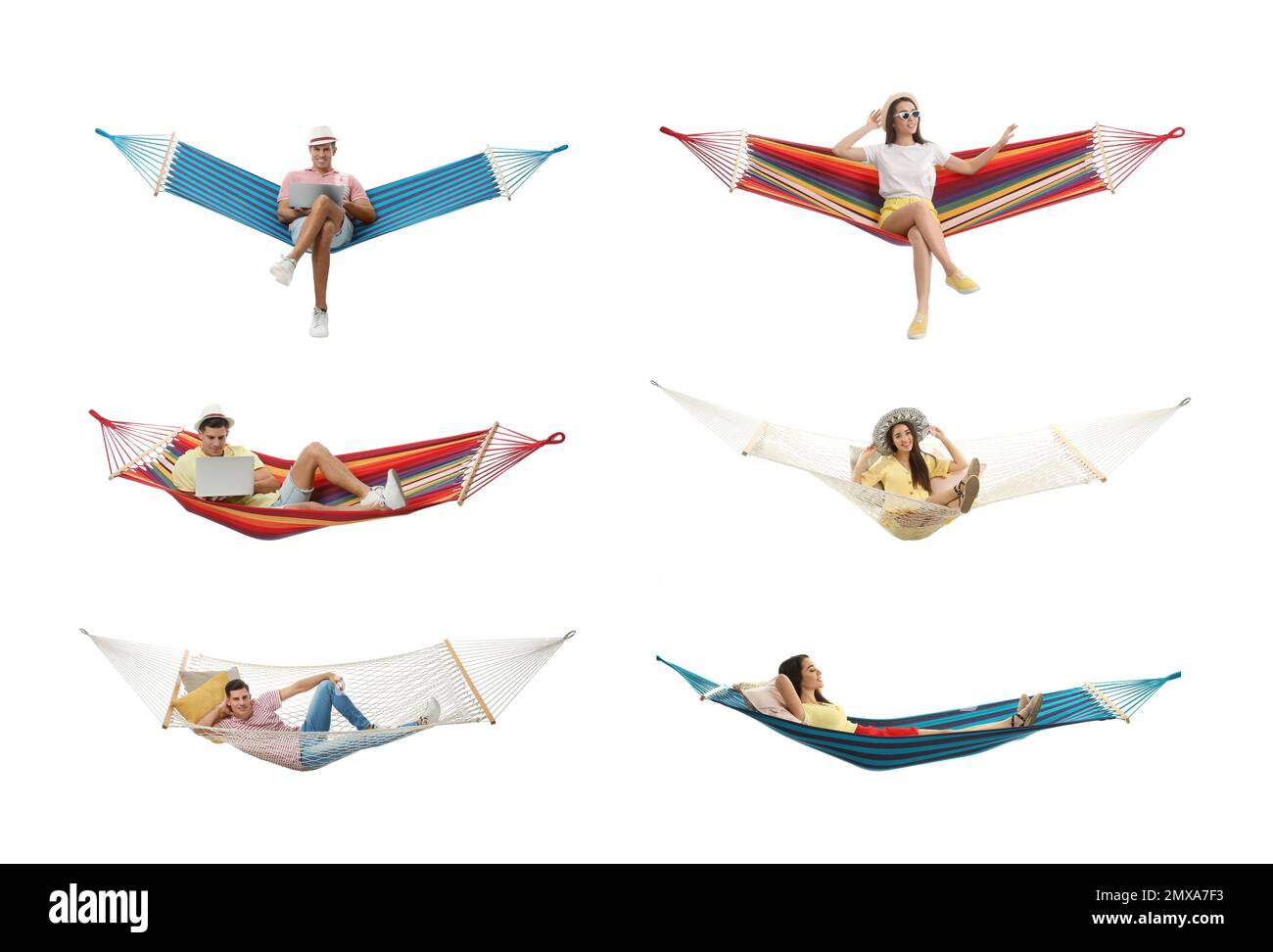 Collage mit Menschen, die in verschiedenen Hängematten auf weißem Hintergrund ruhen Stockfoto