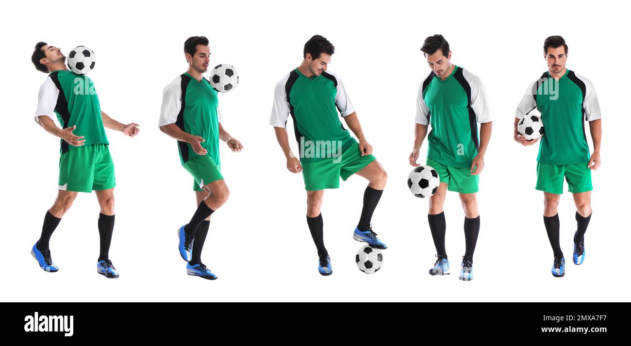 Collage mit Fotos eines jungen Fußballspielers auf weißem Hintergrund. Bannerdesign Stockfoto