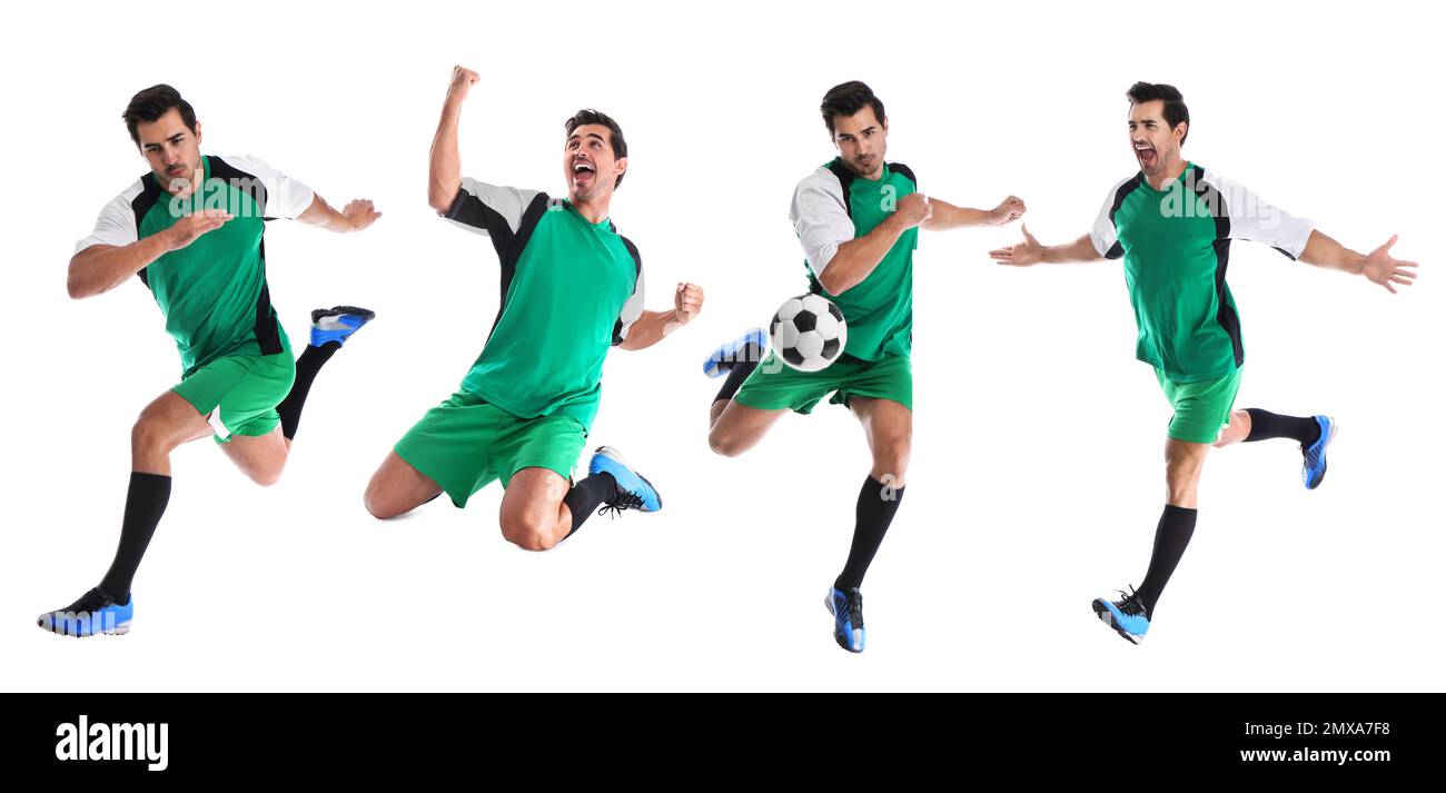 Collage mit Fotos eines jungen Mannes, der Fußball spielt, auf weißem Hintergrund. Bannerdesign Stockfoto