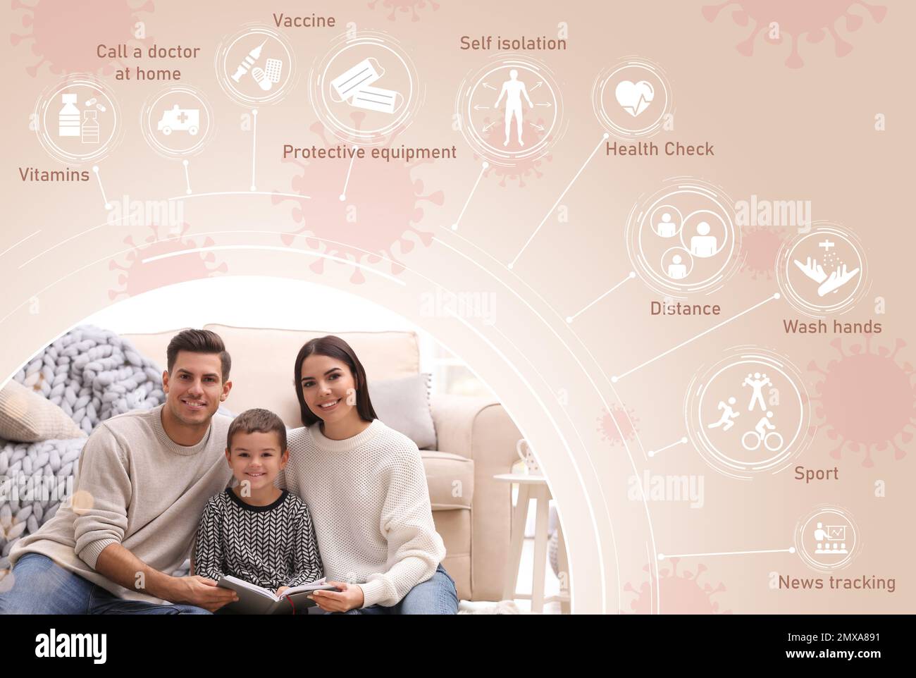 Coronavirus-Präventionskonzept. Glückliche Familie zu Hause Stockfoto