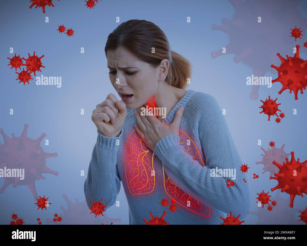 Frau mit kranker Lunge umgeben von Viren auf blauem Hintergrund Stockfoto
