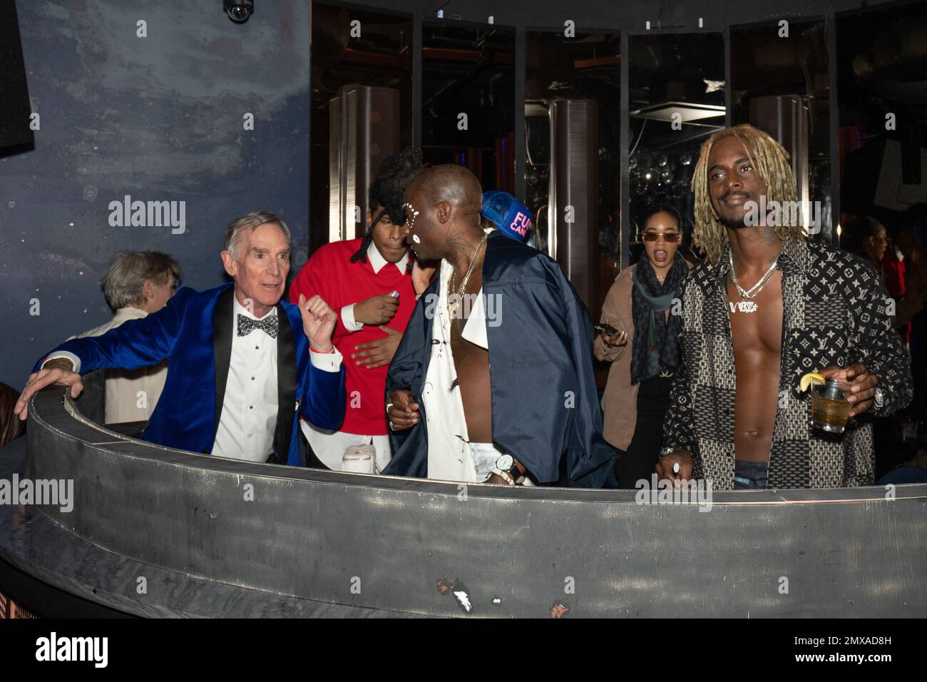 Bill Nye, DJ Young Paris und Clintn Lord nehmen am 1. Februar 2023 an der jährlichen Blue Jacket Fashion Show 7. Teil, nachdem sie im Moxie Hotel Lower East Side in New York, NY, eine Party gefeiert haben. (Foto von David Warren /Sipa? USA) Kredit: SIPA USA/Alamy Live News Stockfoto
