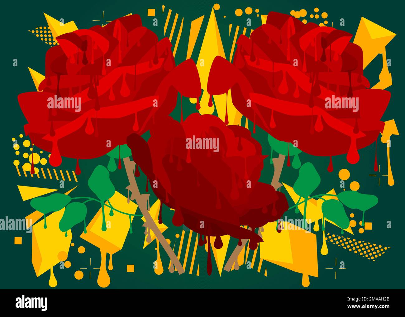 Graffiti Rose Hintergrund. Abstrakte moderne Blumenkunstdekoration im urbanen Malstil. Rote Rosen gemalt. Stock Vektor