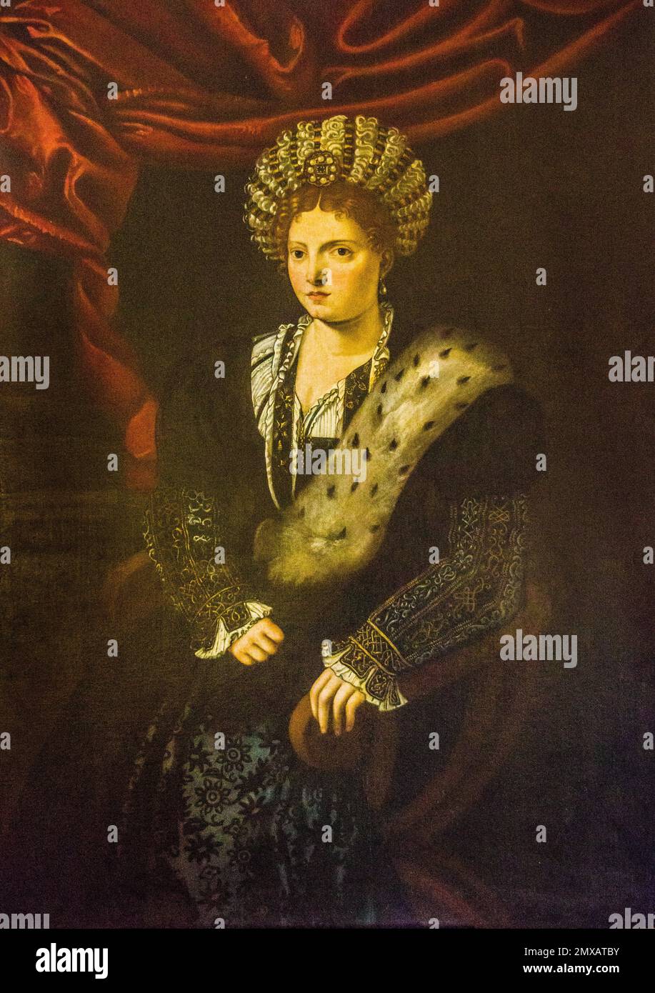 Ölgemälde von Isabella d'Este, Kopie von Tiziano Vecellio, Ca. 1630, Palazzo Duccale, Königspalast, Schloss San Giorgio, Mantua, Lombardei, Italien Stockfoto