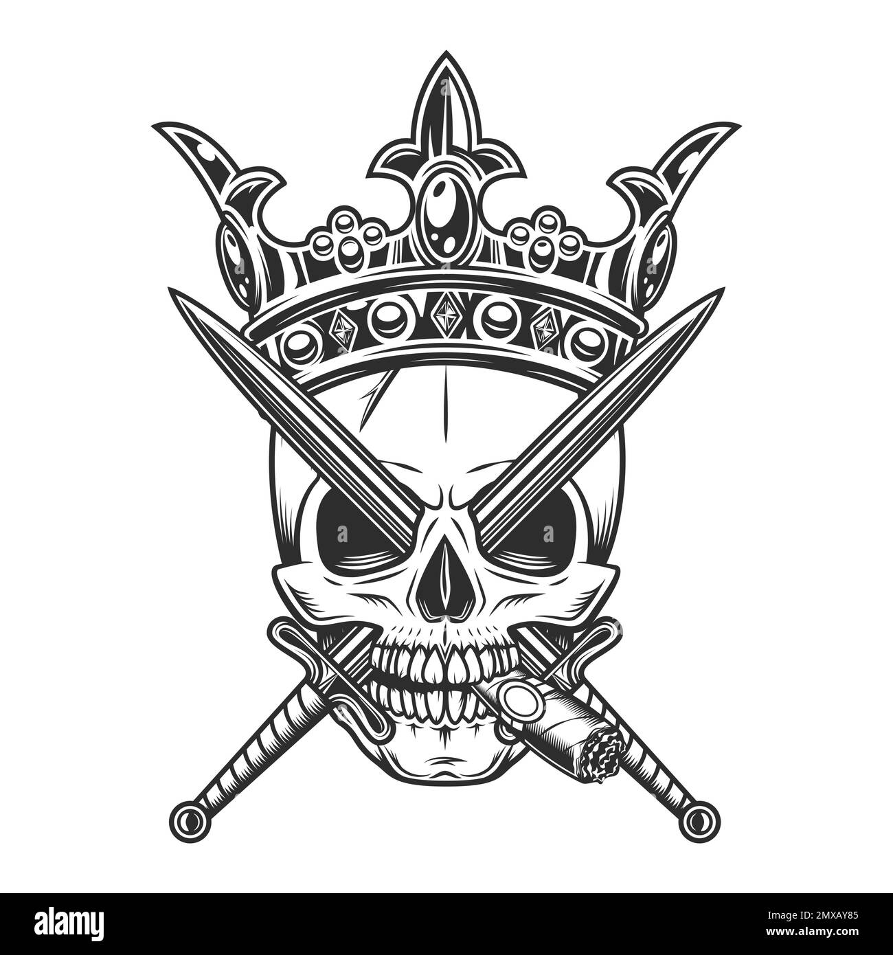 Schädel raucht Zigarre oder Zigarettenrauch im Kronenkönig mit gekreuzten Schwertern isolierte Illustration auf weißem Hintergrund. Klassische Krönung, elegant Stockfoto