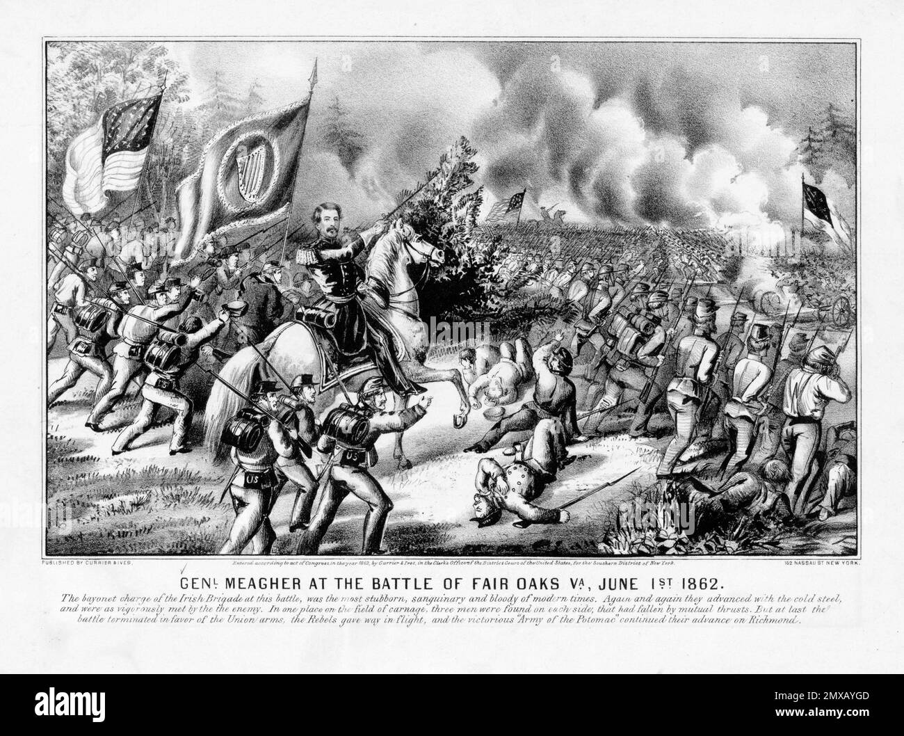 Die Schlacht um Seven Pines (auch bekannt als die Schlacht um Fair Oaks oder Fair Oaks Station) fand am 31. Mai und 1. Juni 1862 im Henrico County, Virginia, im Rahmen der Peninsula Campaign of the American Civil war statt. Es war der Höhepunkt einer Offensive auf der Virginia-Halbinsel, angeführt von Union Major General George McClellan, in der die Armee der Potomac die Außenbezirke von Richmond erreichte. Dieses Bild zeigt General Meagher bei der Schlacht von Fair Oaks, Virginia, Juni 1. 1862. Thomas Meagher war ein irischer Nationalist, und er war besonders bemerkenswert für die Rekrutierung und Führung der irischen Brigade und ermutigend Stockfoto