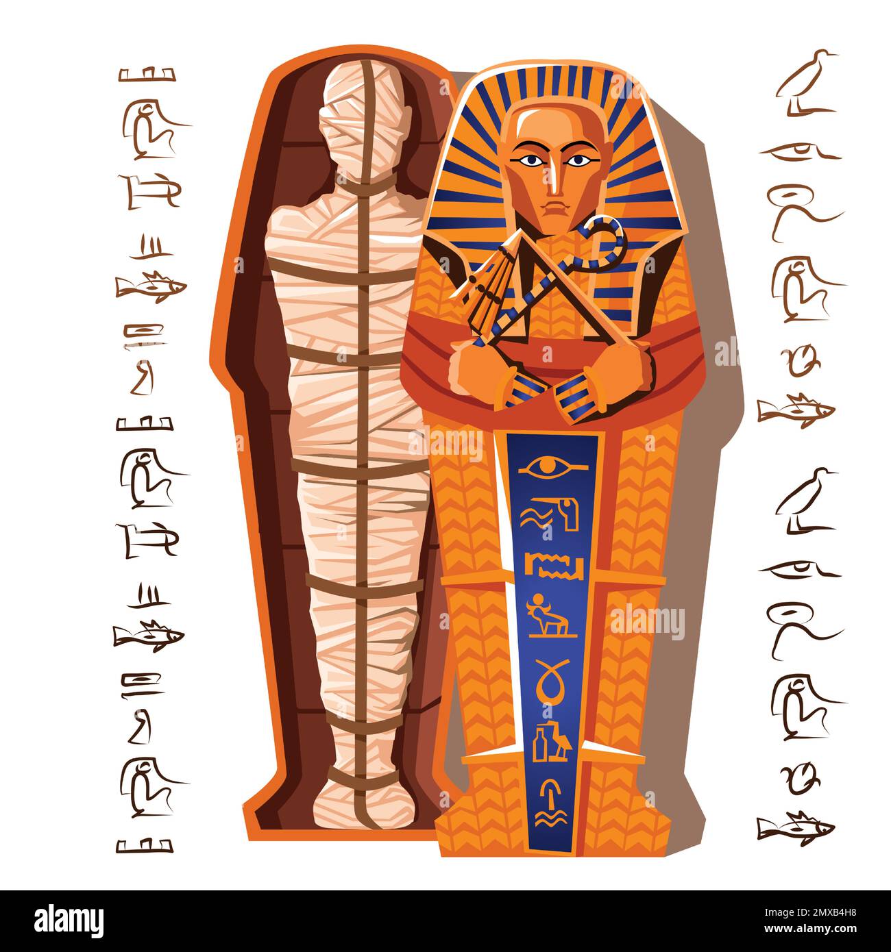 Pharao-Mumie-Cartoon-Vektordarstellung. Ende des Mumifizierungsprozesses, Einbalsamierung des Toten, menschliche Leiche wird mit Leinen umhüllt und in Sarkophag gelegt. Kult der Toten aus dem alten Ägypten Stock Vektor