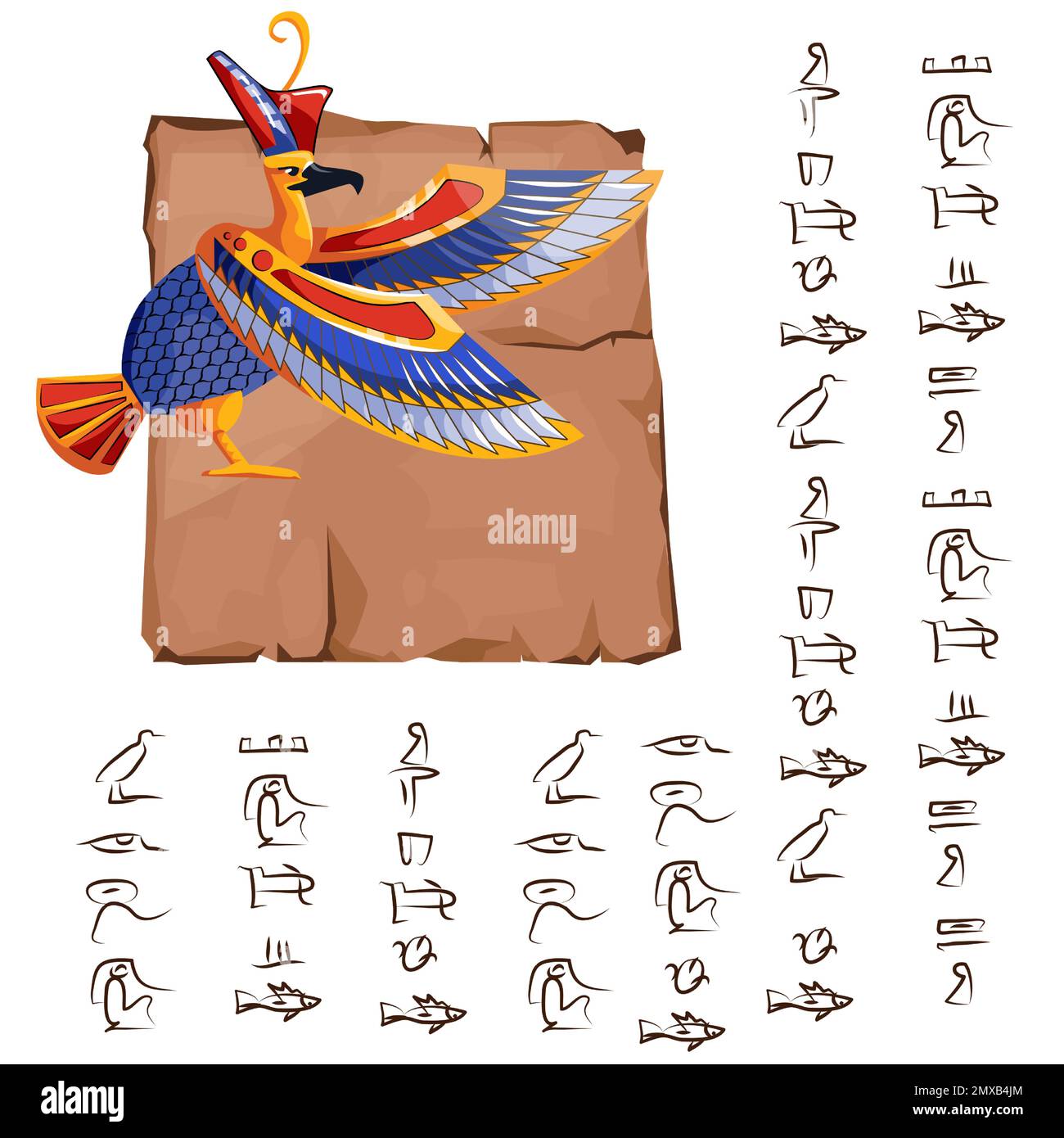 Papyrus-Teil oder Steinsäule aus dem alten Ägypten mit Vektordarstellung der heiligen Vogelfigur. Ägyptisches Kultursymbol, unbeschriftetes, antikes Papier mit Falken und Hieroglyphen, isoliert auf Weiß Stock Vektor