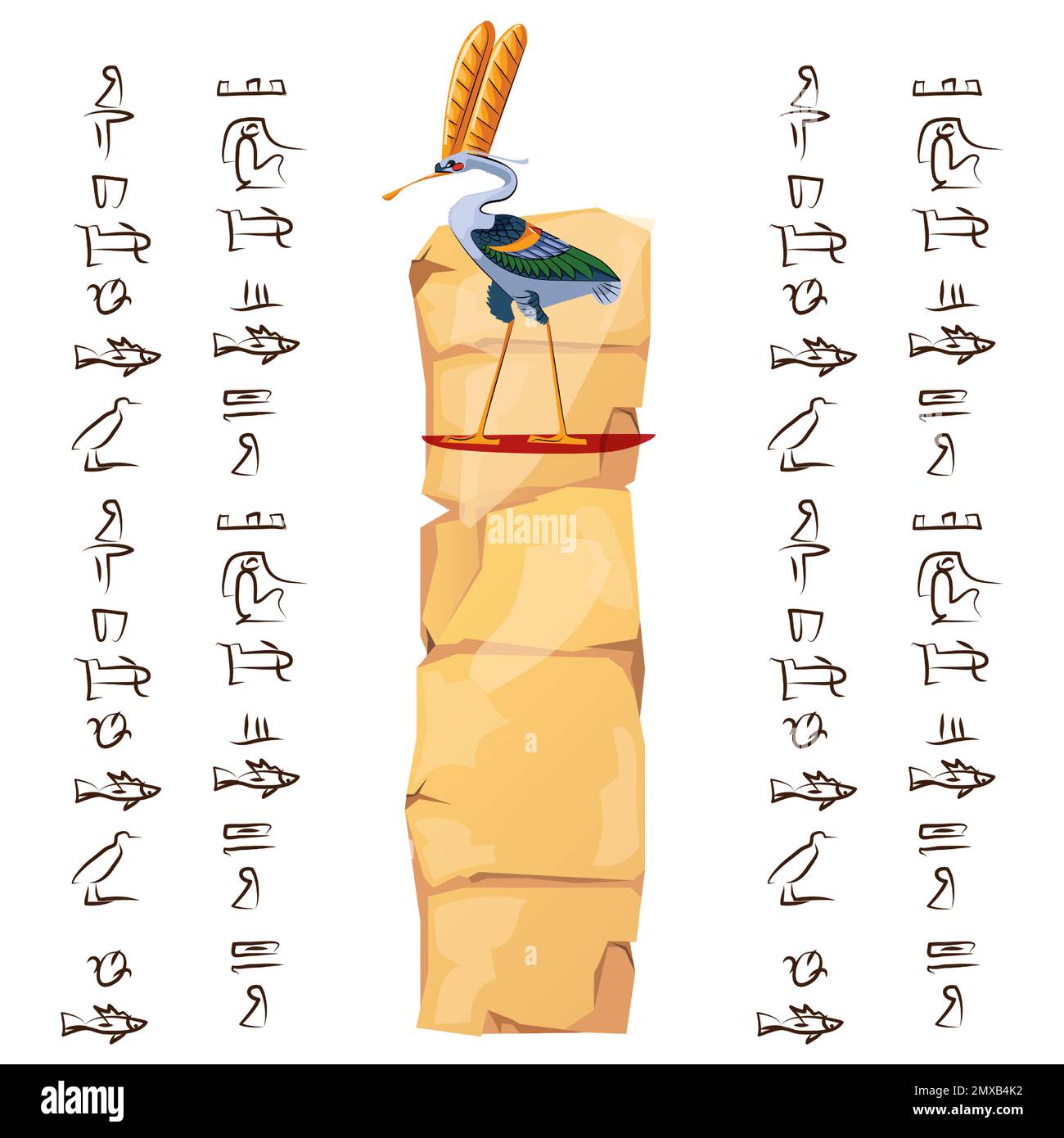 Papyrus-Teil oder Steinsäule aus dem alten Ägypten mit Vektordarstellung der heiligen Vogelfigur. Ägyptisches Kultursymbol, unbeschriftetes, antikes Papier mit Ibis und Hieroglyphen, isoliert auf Weiß Stock Vektor