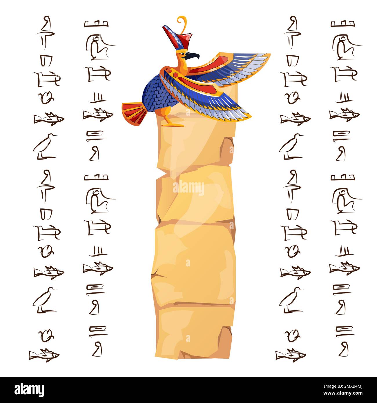 Papyrus-Teil oder Steinsäule aus dem alten Ägypten mit Vektordarstellung der heiligen Vogelfigur. Ägyptisches Kultursymbol, unbeschriftetes, antikes Papier mit Falken und Hieroglyphen, isoliert auf Weiß Stock Vektor