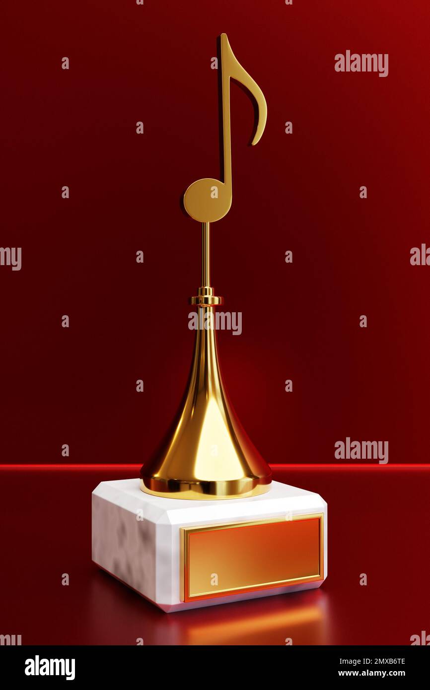 Goldener Musikpreis mit einem Hinweis auf rotem Hintergrund, Abbildung 3D Stockfoto