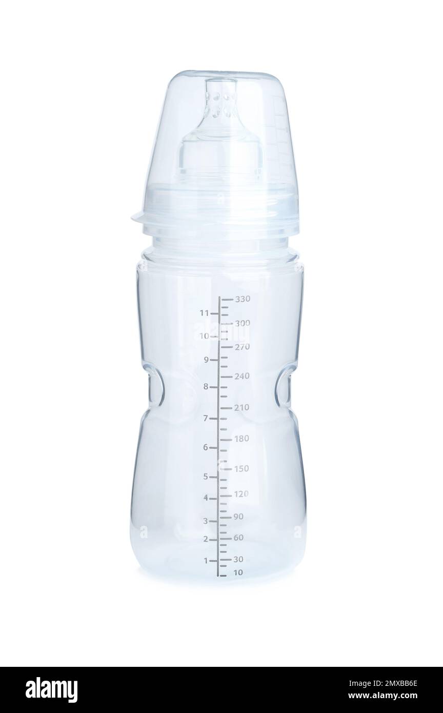 Babyflasche aus Kunststoff, isoliert auf weiß. Das erste Essen Stockfoto